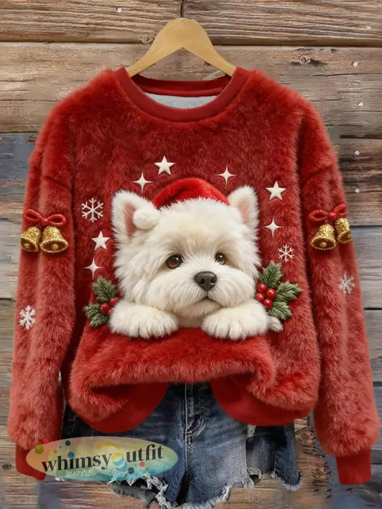 Dames kerst schattige hondenkunst flanellen hoodie - Rood / S