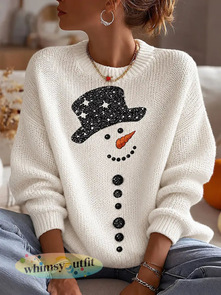 Dames Kerst Sneeuwman Crew Neck Trui - Wit / S