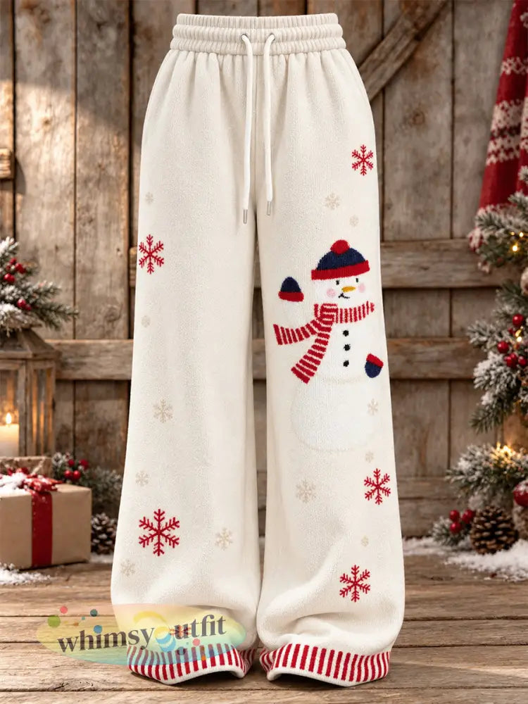 Dames Kerst Sneeuwman & Sneeuwvlokken Print Gezellige Joggingbroek - Romig-Wit / S