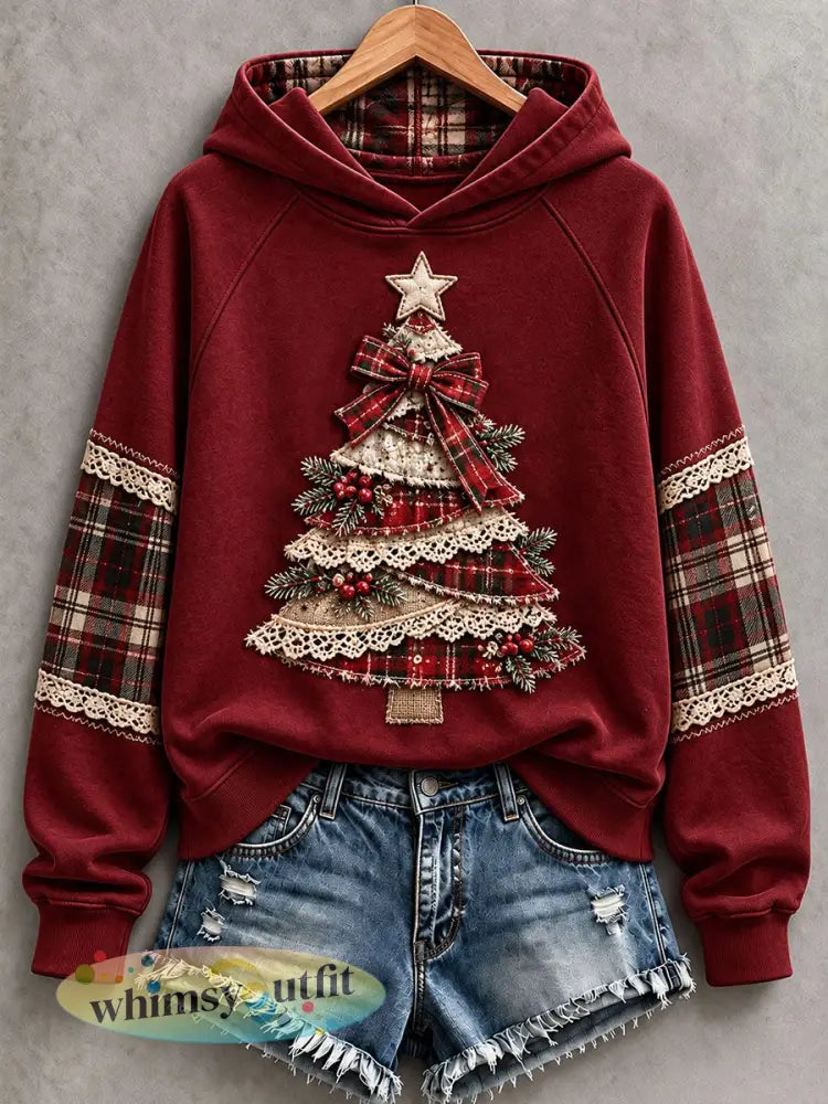 Dames kerstboomprint hoodie - Wijnrood / S