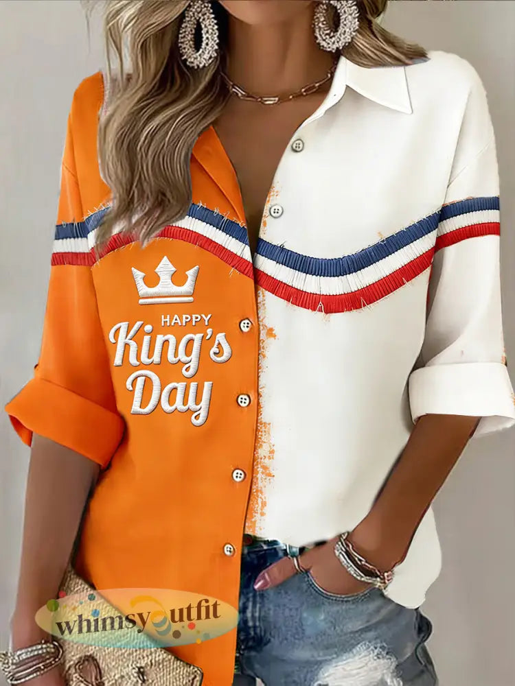 Dames King’s Day patchworkprint casual modieuze blouse - Oranje wit / S