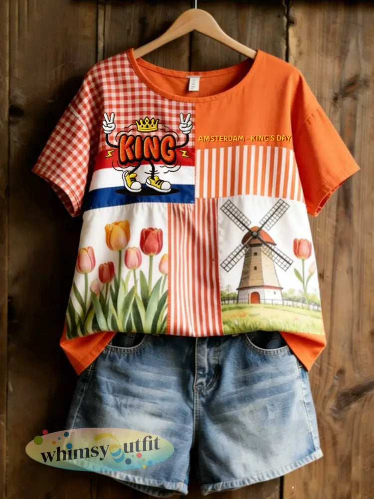 Dames Koningsdag linnen T-shirt met korte mouwen - Sinaasappel / S