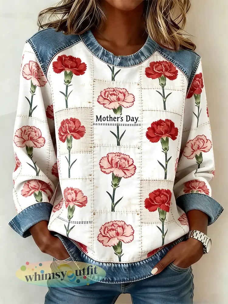 Dames Moederdag Anjer Bloemenprint Denim Patchwork Top - als foto / S