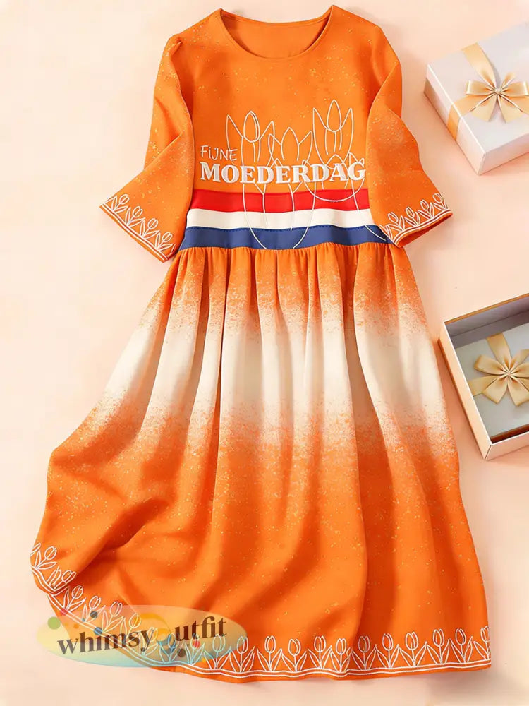 Dames moederdag cadeau casual jurk met Nederlandse vlag patchwork print - Sinaasappel / S
