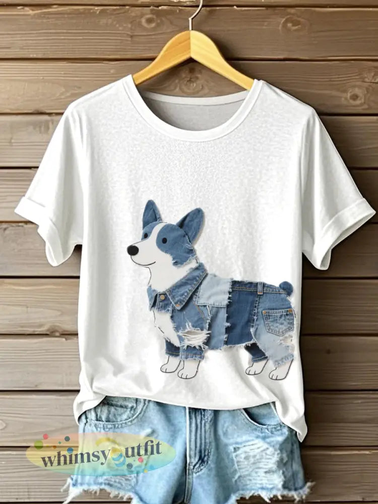 Dames mooie Corgi Patroon Patchwork Art T-shirt - Wit / S