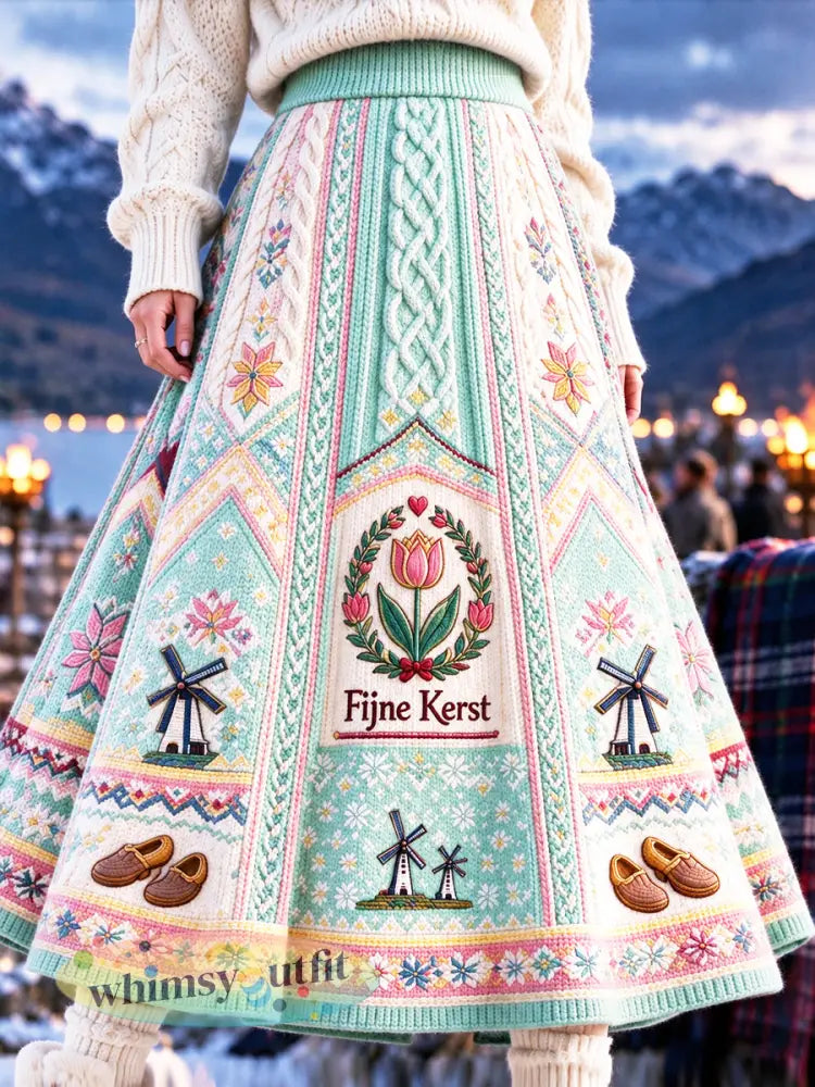 Dames muntgroen Nederlandse kerst patchwork print casual herfstwinterrok - Groen / S