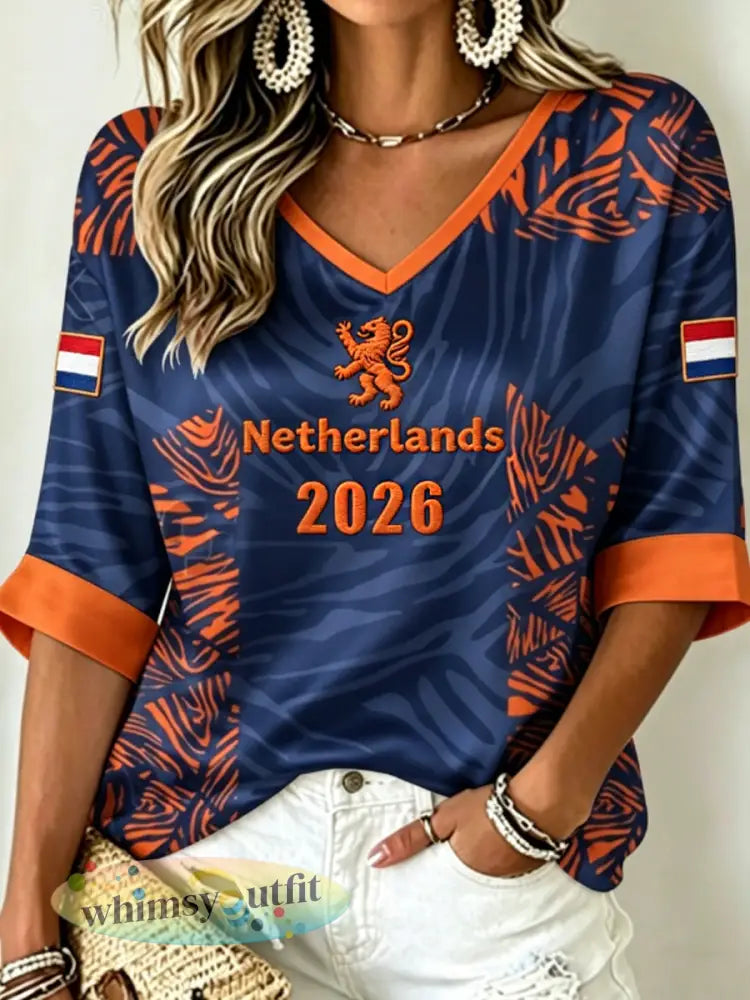 Dames NEDERLAND 2026 voetbal t-shirt met middellange mouwen en V-hals - Blauw / S