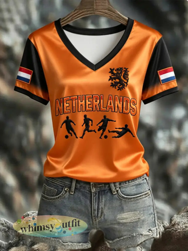 Dames NEDERLAND 2026 voetbal T-shirt met V-hals en korte mouwen van zijde - Sinaasappel / S