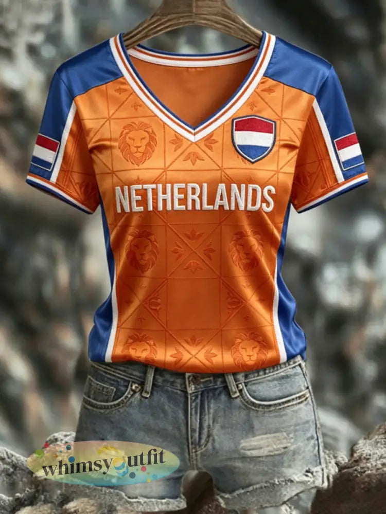 Dames NEDERLAND 2026 voetbal T-shirt met V-hals en korte mouwen van zijde - Sinaasappel / S