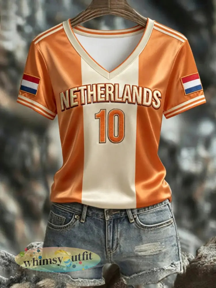 Dames NEDERLAND 2026 voetbal T-shirt met V-hals en korte mouwen van zijde - Sinaasappel / S