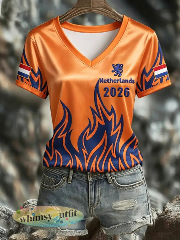 Dames NEDERLAND 2026 voetbal T-shirt met V-hals en korte mouwen van zijde - Sinaasappel / S