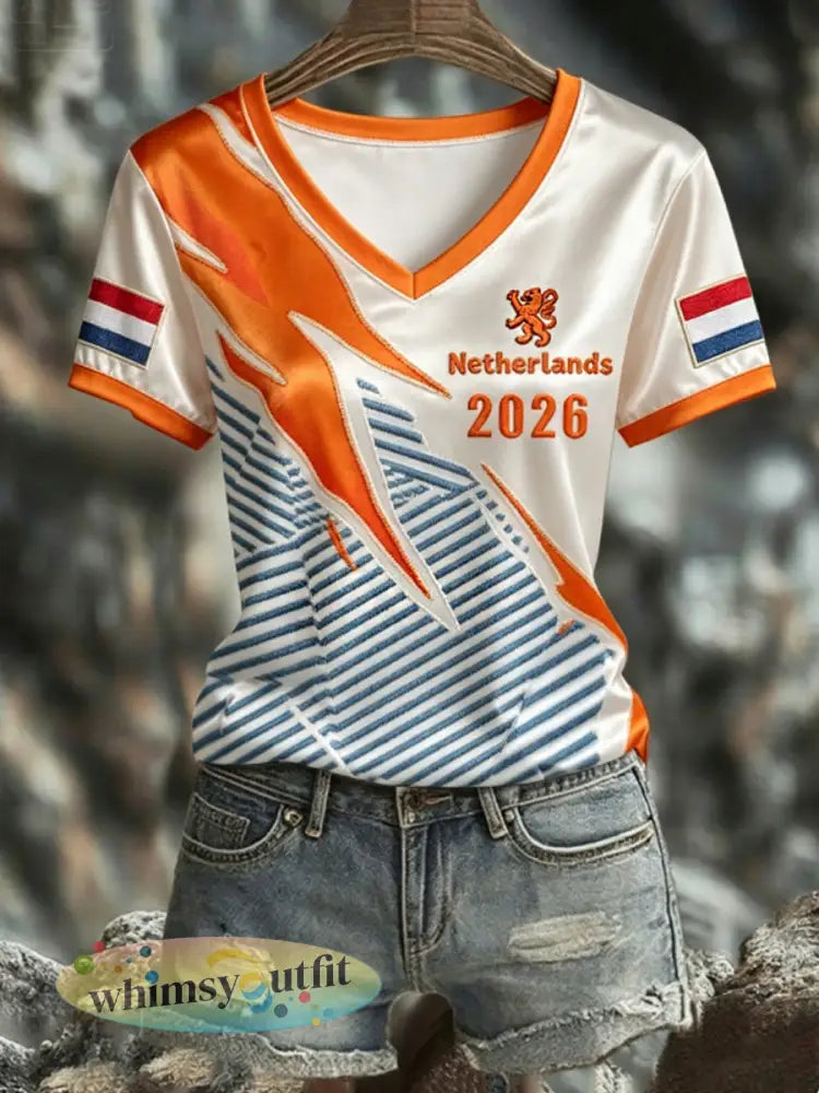 Dames NEDERLAND 2026 voetbal T-shirt met V-hals en korte mouwen van zijde - Sinaasappel / S