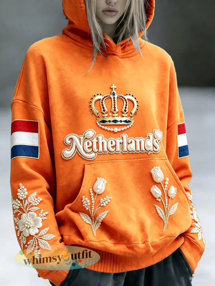 Dames Nederlands 3D-geprint casual oranje sweatshirt met capuchon - Sinaasappel / S