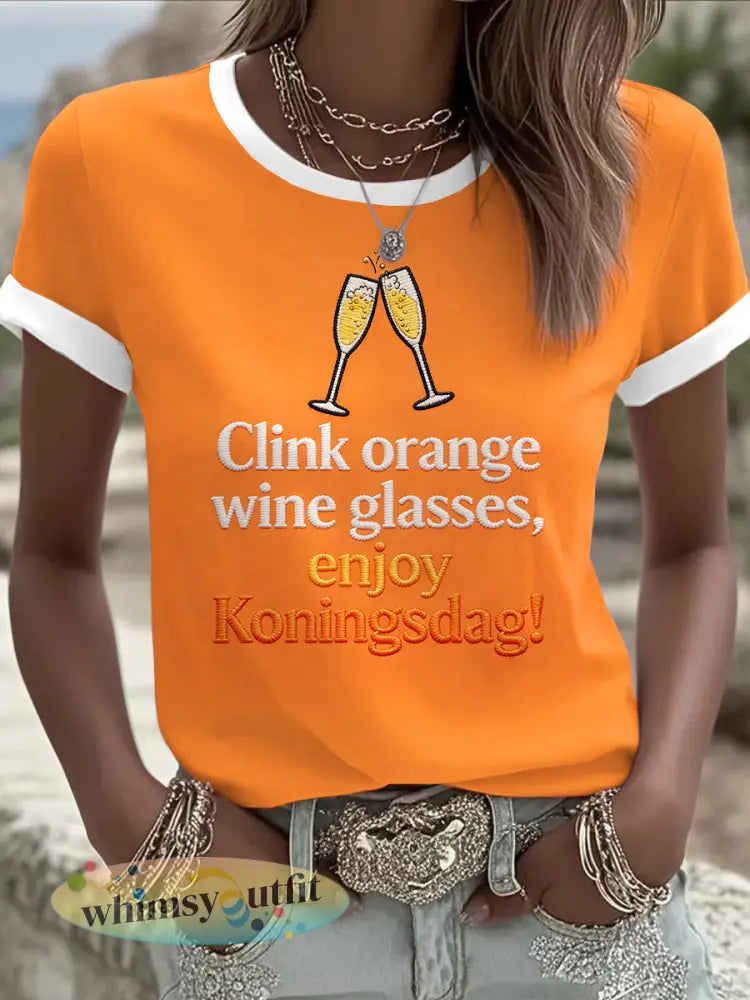 Dames Nederlandse Koningsdag Geborduurde Print Casual T-shirt - Sinaasappel / S