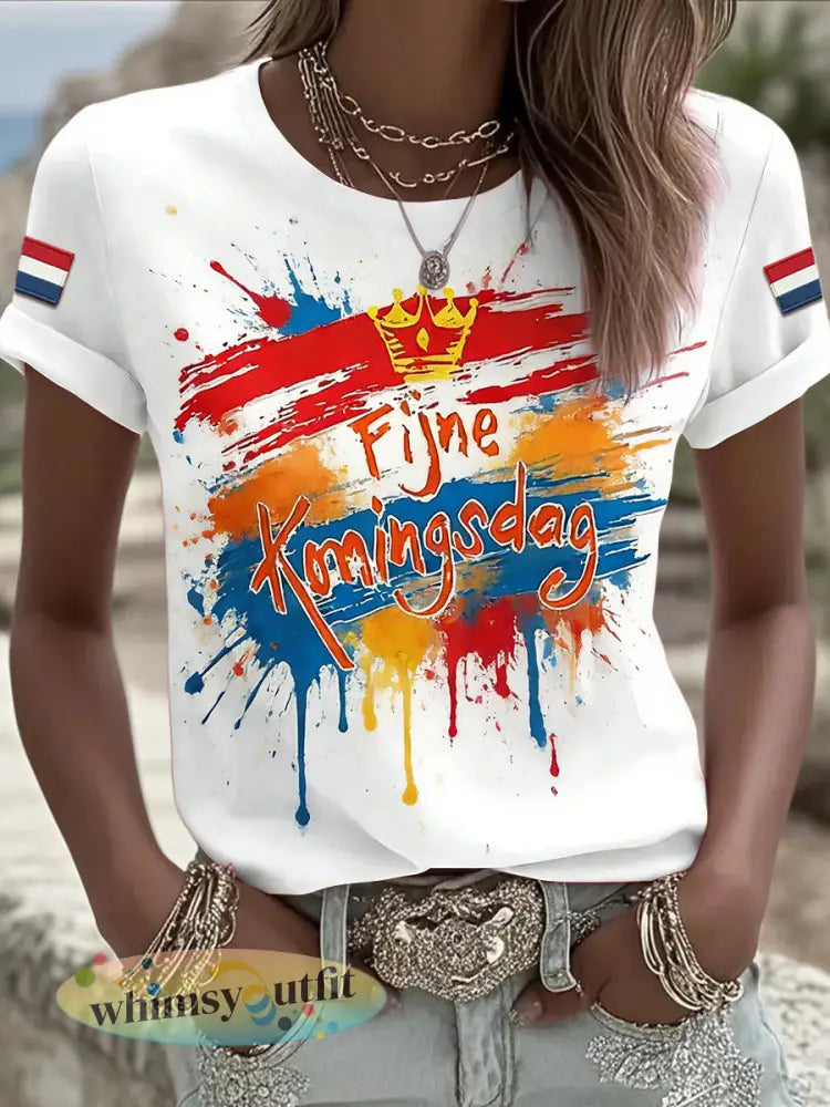 Dames Nederlandse Koningsdag graffiti print casual T-shirt - Wit / S