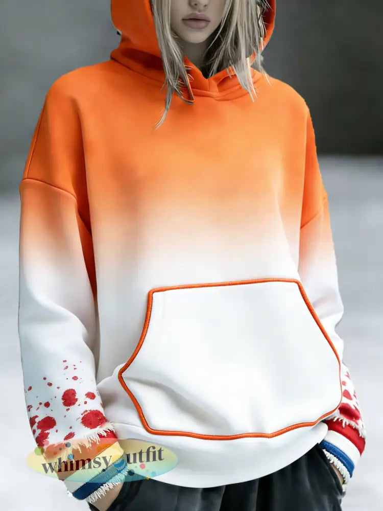 Dames Nederlandse Koningsdag met gradiëntprint casual sweatshirt met capuchon - Oranje wit / S