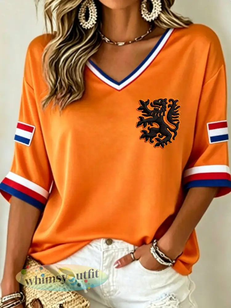 Dames Nederlandse Koningsdag T-shirt met middellange mouwen en V-hals - Sinaasappel / S