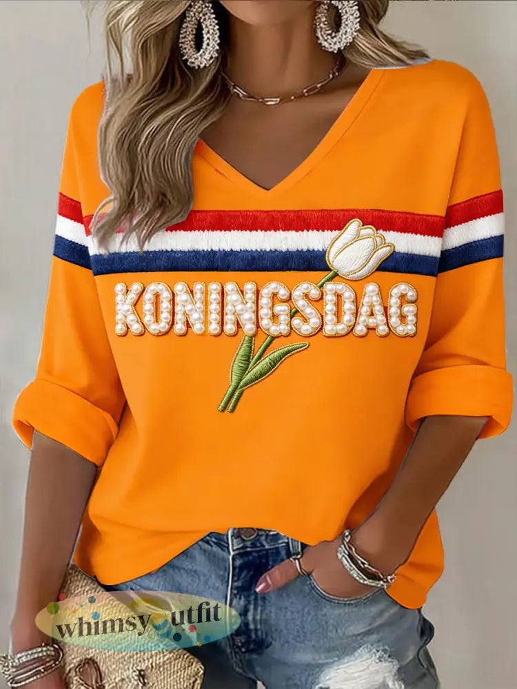 Dames Nederlandse Koningsdag Tulp 3D-geprinte casual mode V-hals top - Sinaasappel / S