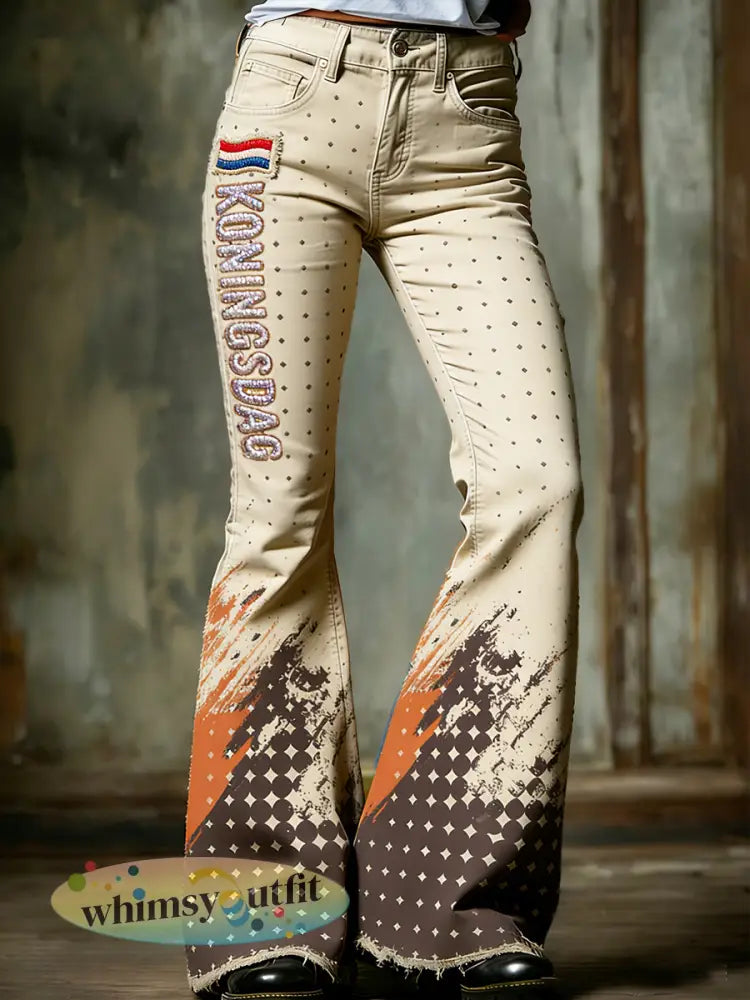 Dames Nederlandse Koningsdag Vintage Polka Dot Print Casual Uitlopende broek - kaki / S