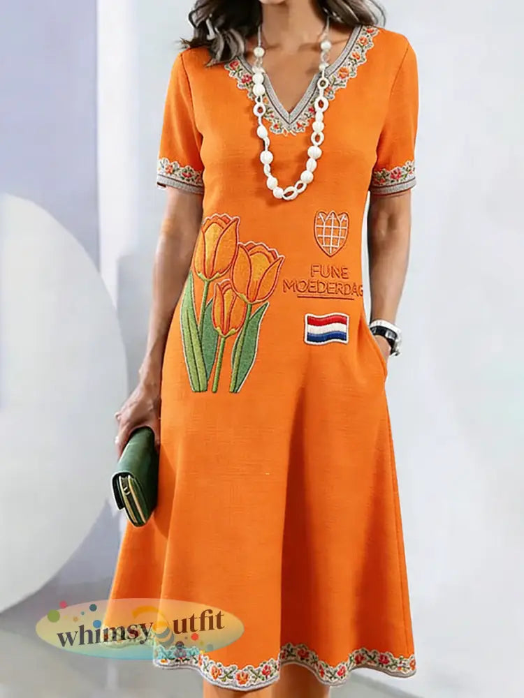 Dames Nederlandse Moederdag Geschenk 3D Tulpenprint Casual V-hals jurk - Sinaasappel / S