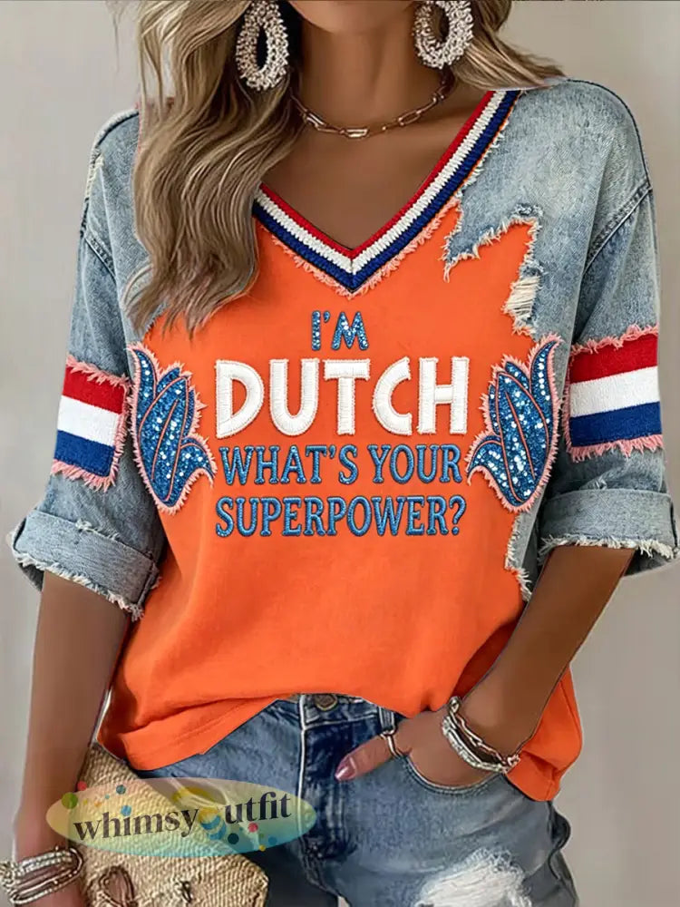 Dames Nederlandse Sequin Denim-Effect Patchwork Print Casual V-hals T-shirt - Veelkleurig / S