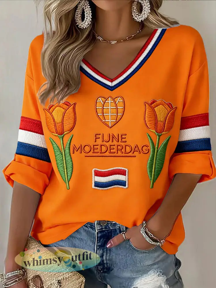 Dames Nederlandse Tulpenprint Moederdag cadeau casual V-hals T-shirt - Sinaasappel / S