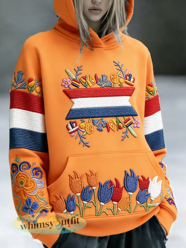 Dames Nederlandse Vlag Koningsdag Bloemen 3D Print Casual Sweatshirt met capuchon - Sinaasappel / S