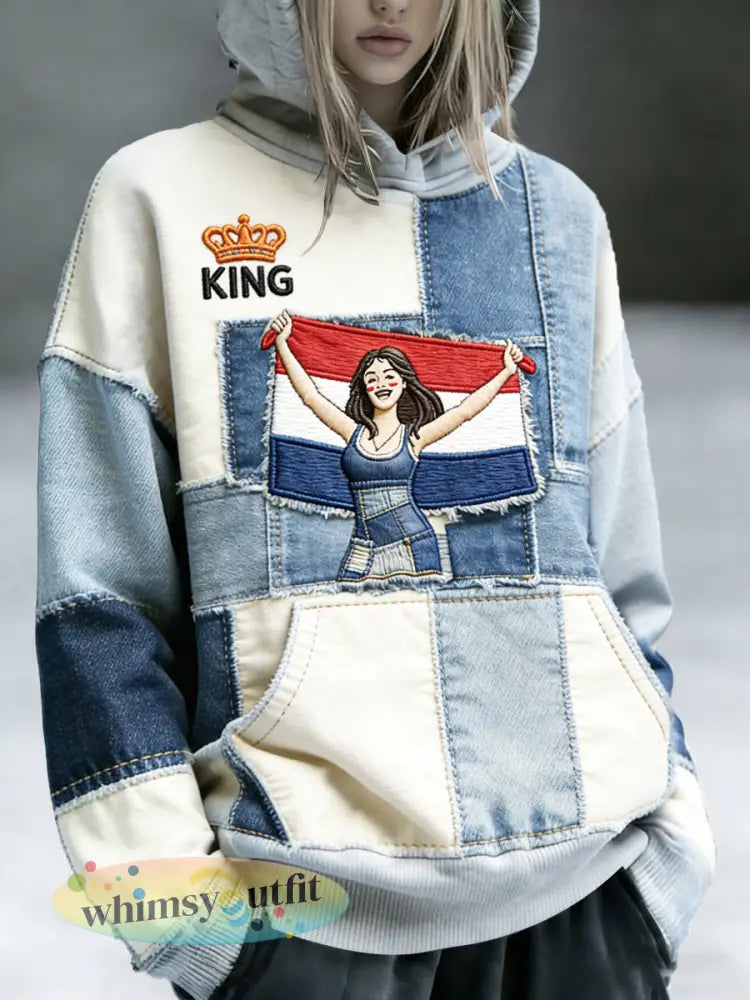 Dames Nederlandse Vlag Koningsdag Denim Patchwork Print Sweatshirt met capuchon - Veelkleurig / S