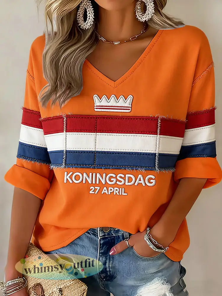 Dames Nederlandse Vlag Koningsdag Patchwork Print Casual V-hals T-shirt - Sinaasappel / S