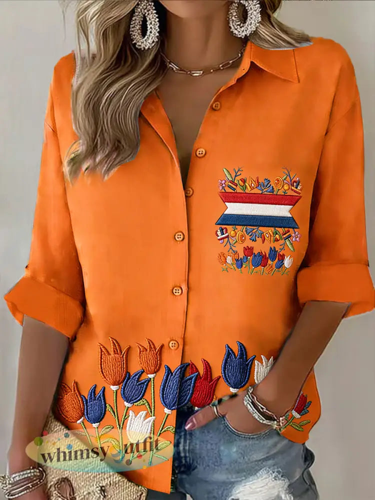 Dames Nederlandse Vlag Koningsdagprint Oranje Casual shirt met lange mouwen - Sinaasappel / S