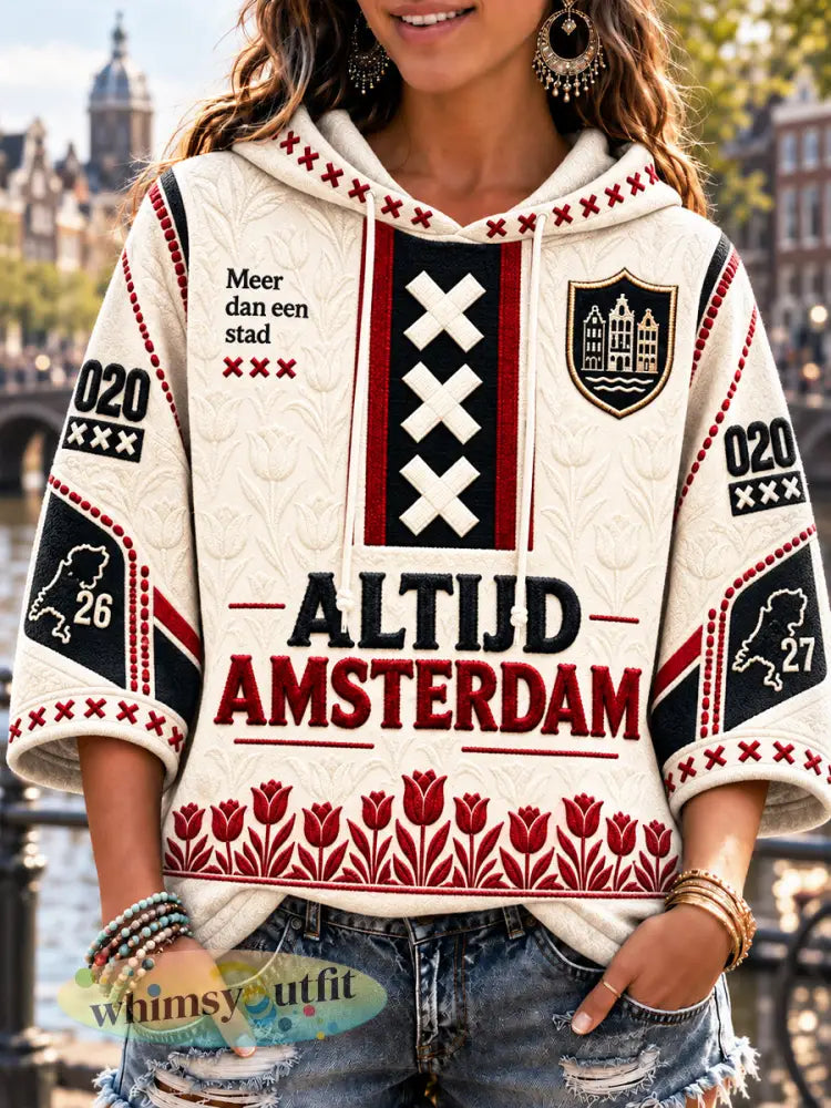 Dames Off-White Amsterdam-stadprint casual sweatshirt met capuchon - Romig-Wit / S
