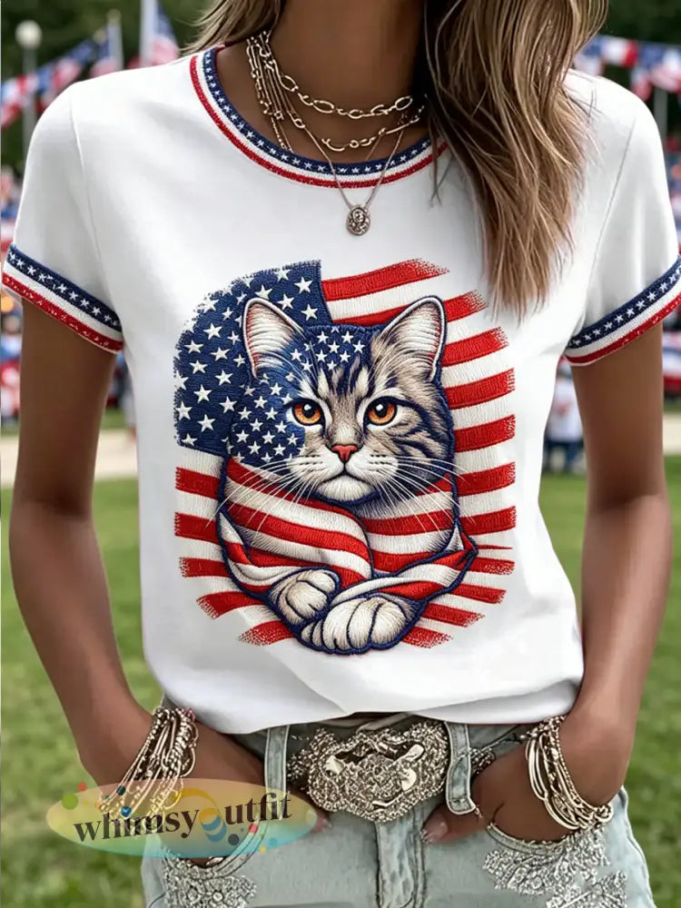 Dames Onafhankelijkheidsdag Dieren Geprint Vintage Mode Loszittend T-shirt met Korte Mouwen - Wit / S