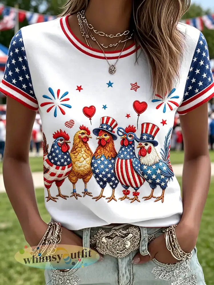Dames Onafhankelijkheidsdag Dieren Geprint Vintage Mode Loszittend T-shirt met Korte Mouwen - Wit / S