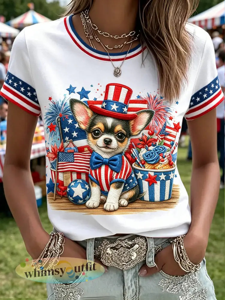 Dames Onafhankelijkheidsdag Dieren Geprint Vintage Mode Loszittend T-shirt met Korte Mouwen - Wit / S