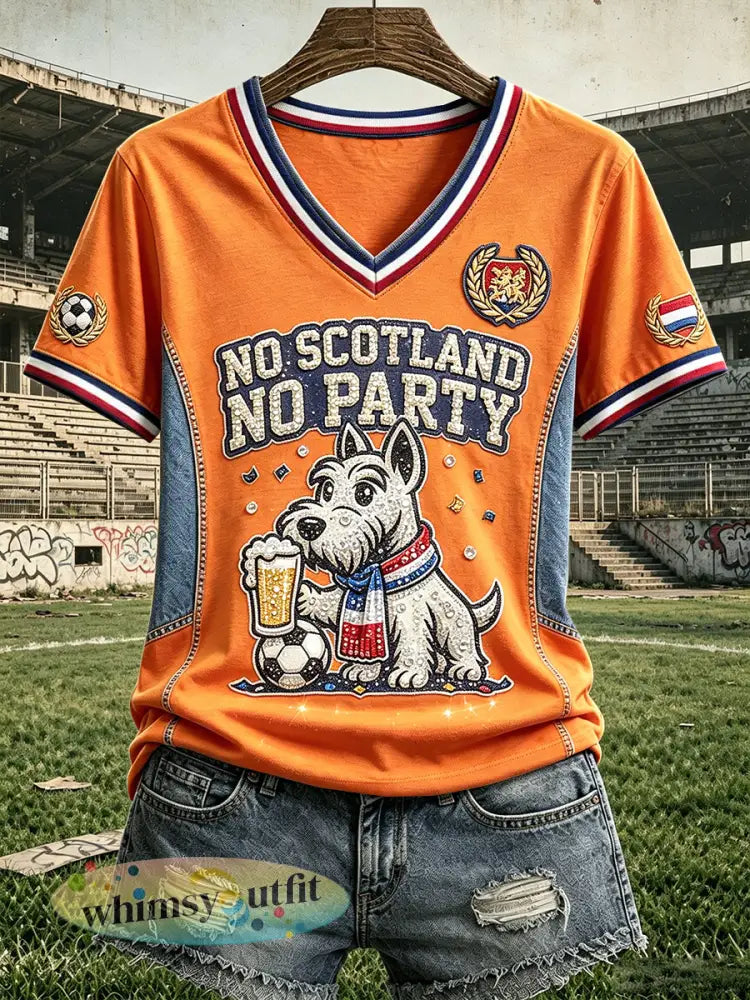 Dames Oranje Nederlandse Schattige Puppy Voetbalprint Casual V-hals T-shirt - Sinaasappel / S