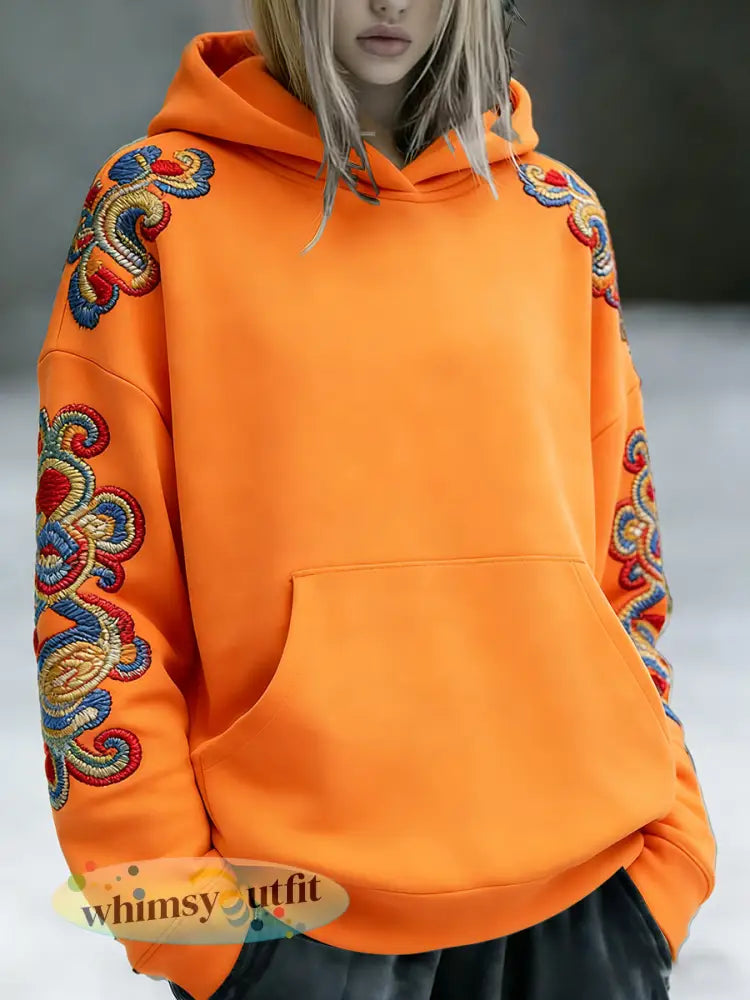 Dames Oranje Nederlandse Traditionele Bloemenprint Casual Sweatshirt met capuchon - Sinaasappel / S