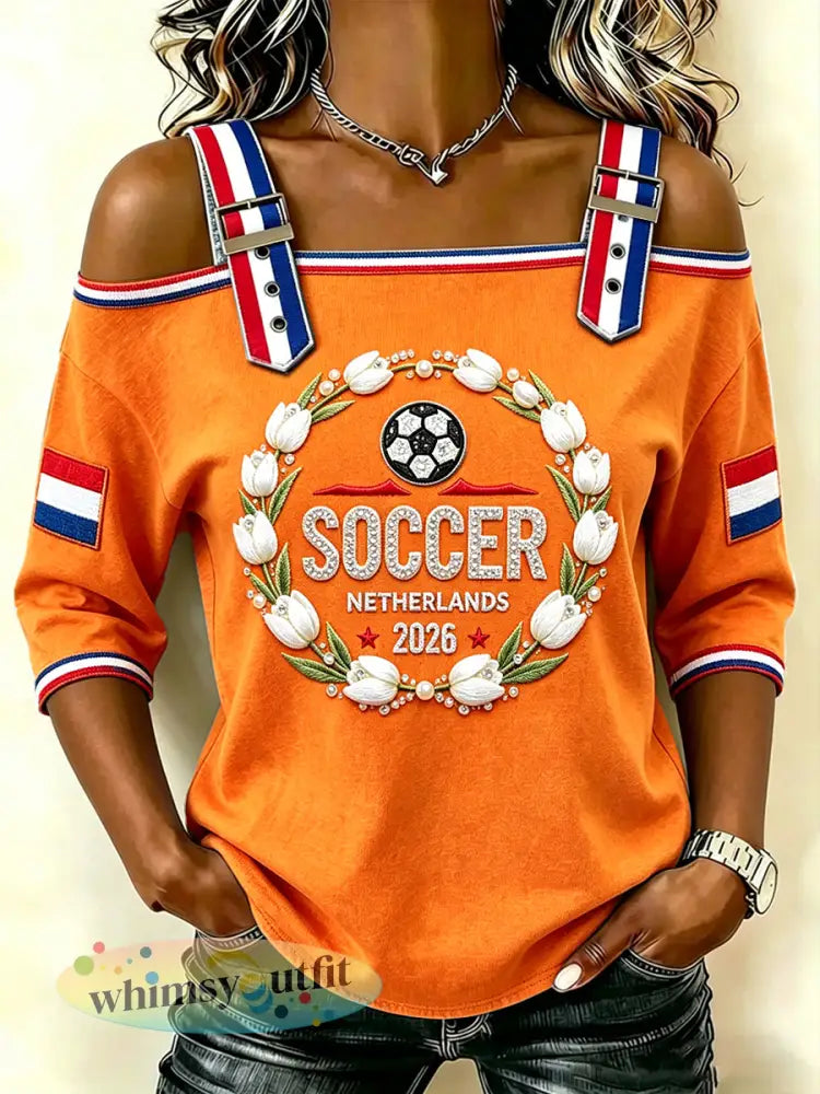 Dames oranje Nederlandse voetbal tulp 3D-geprint casual mode strapless T-shirt - Sinaasappel / S