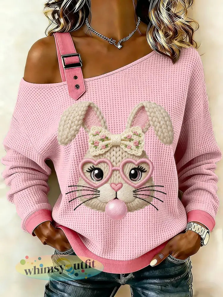 Dames paashaas bedrukt één schouderwafel casual sweatshirt - Roze / S