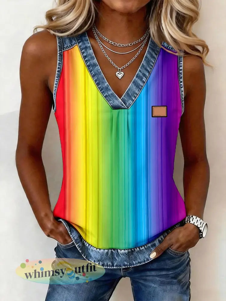 Dames regenboog gekleurde gestreepte print denim patchwork top - als foto / S