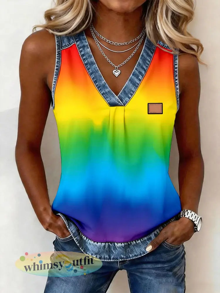 Dames regenboog gekleurde print denim patchwork top - als foto / S