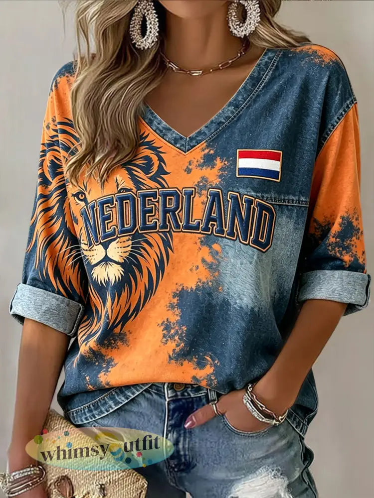 Dames Retro Abstract Nederlandse Leeuw Patchwork Casual V-hals T-shirt - Sinaasappel / S
