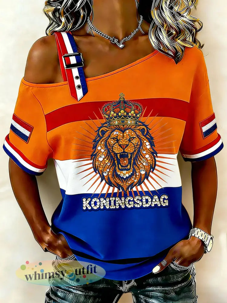 Dames retro koningsdag leeuw casual off-the-shoulder T-shirt - Sinaasappel / S
