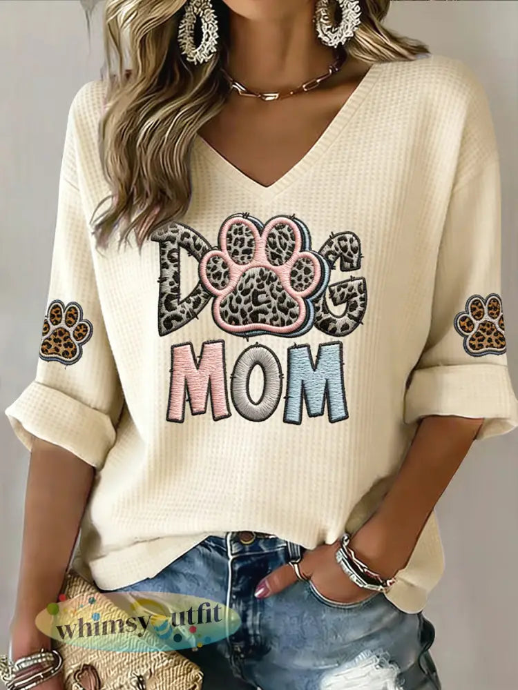 Dames Retro Moederdag ’Dog Mom’ Casual Waffle-Weave Top - Abrikoos / S