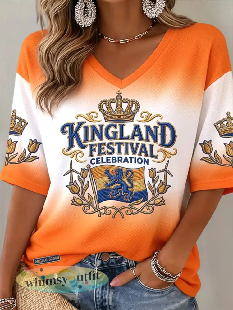 Dames Retro Nederlands Kingland Festival gradiënt V-hals T-shirt - Sinaasappel / S