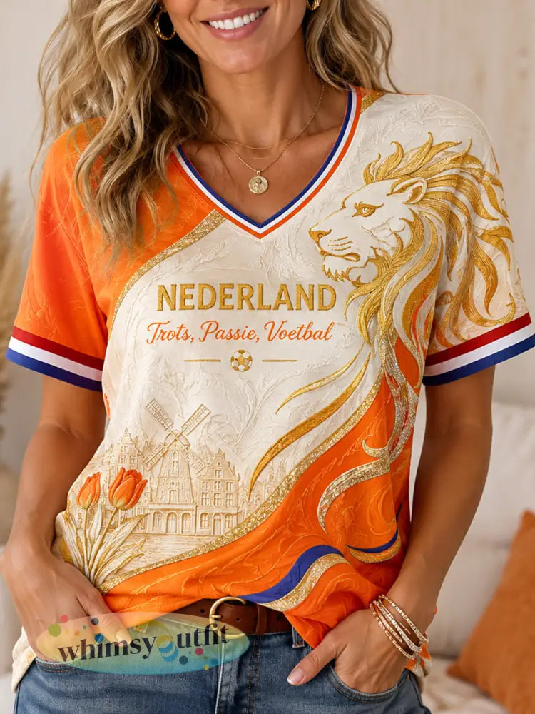 Dames Retro Nederlands Voetbal Bloemen Patchwork Casual V-hals T-shirt - Sinaasappel / S