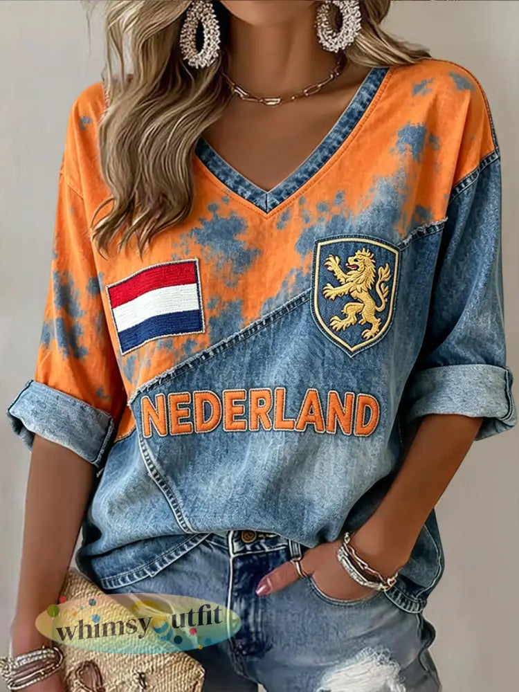 Dames Retro Nederlandse Kunst Patchwork Casual V-hals T-shirt - Sinaasappel / S