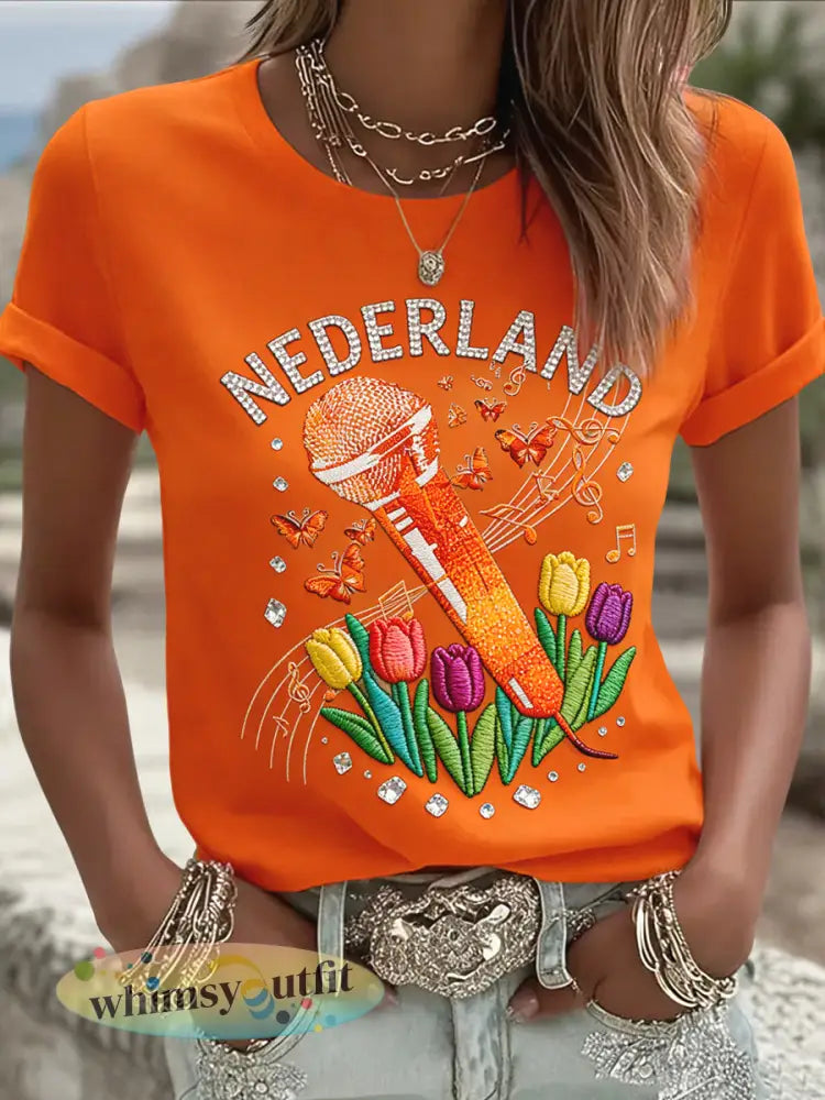 Dames Retro Nederlandse Muziek Festival Bloemen Casual T-shirt - Sinaasappel / S