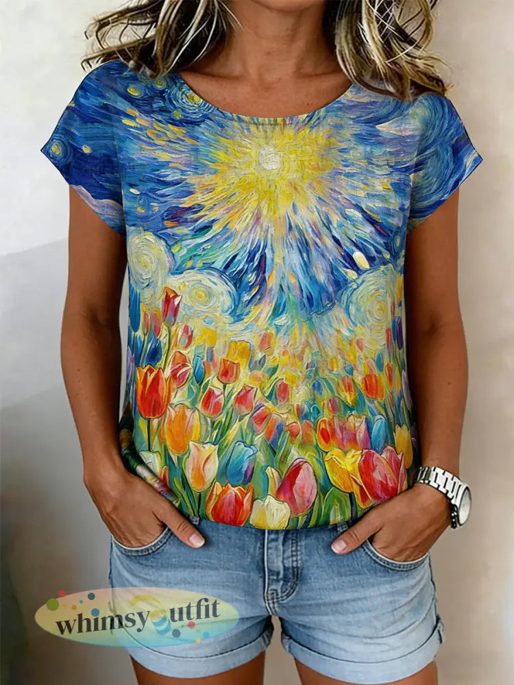 Dames Retro Olieverfschilderij Starry Sky Tulp Print Casual shirt met korte mouwen