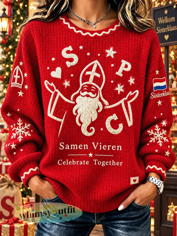 Dames Rood Nederlands Sint-Nicolaasdagprint casual sweatshirt - Rood / S