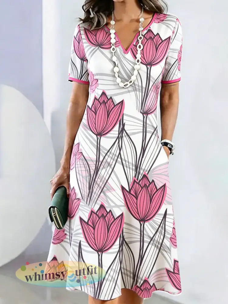 Dames roze tulp bloemenprint moederdag cadeau casual jurk met V-hals - Wit / S
